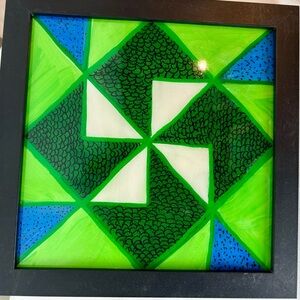Hand Painted, Resined,and Framed Pin Wheel Design in Green and Blue‎ 9.25"x9.25"